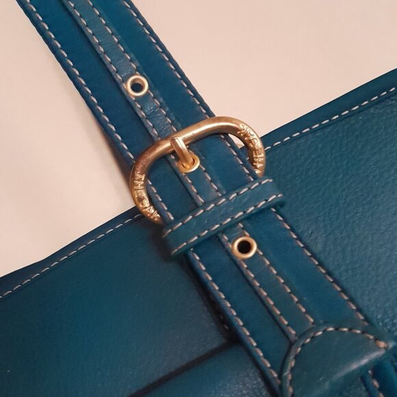 Leather 100% Nylon Trim The Sak Teal Blue Gold Shoulder Bag Medium - Picture 9 of 9